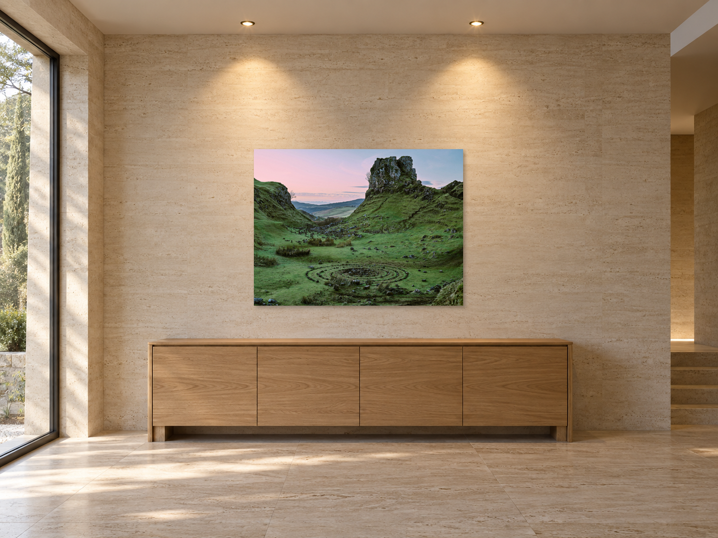 AI-generated room visualisation – ISLE OF SKYE 3, Scotland, Edition 108 × 145 cm. A room setting with two ceiling spotlights; the complete, unchanged original, unframed and wall-mounted. Light beams, surface illumination and wall shadows are aligned with the setting. An illustration of scale and spatial presence, not a photographed installation.