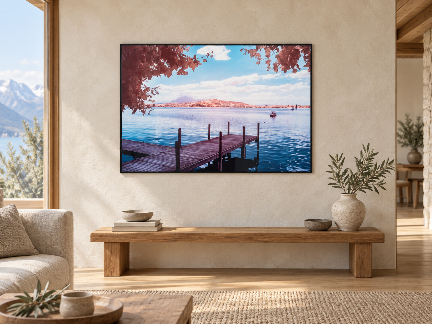 KI-generierte Raumvisualisierung – ZUGERSEE 1, SCHWEIZ mit vollständiger gerahmter bestehender Reproduktion. Orientierung zu Größe und Wirkung; keine fotografierte Installation.