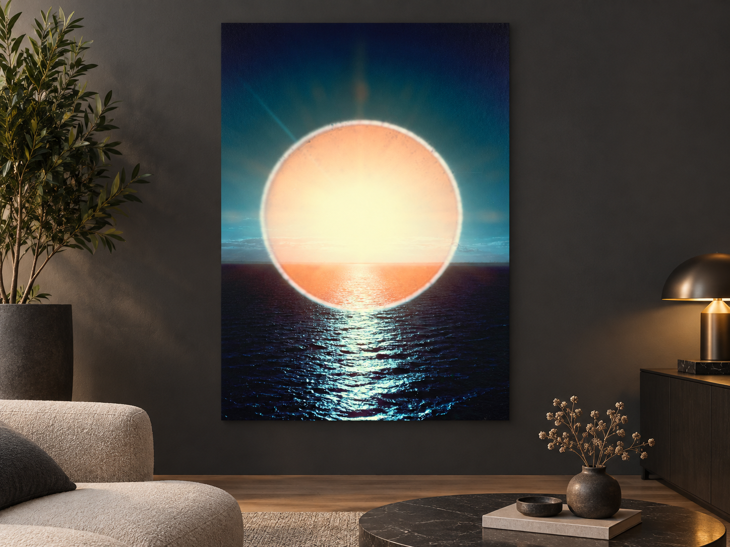 KI-generierte Raumvisualisierung – Sun Halo: Play of Light over Ocean Waves, Deutschland. Darstellung dient der Orientierung zu Größe und Wirkung; keine fotografierte Installation.