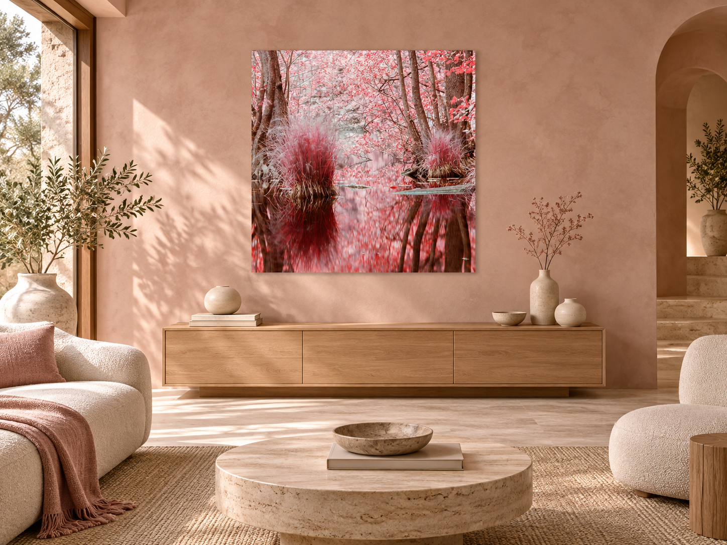 KI-generierte Raumvisualisierung &ndash; IN HARMONY WITH NATURE, DEUTSCHLAND im warmen Sammlerinterieur. Orientierung zu Gr&ouml;&szlig;e und Wirkung; keine fotografierte Installation.