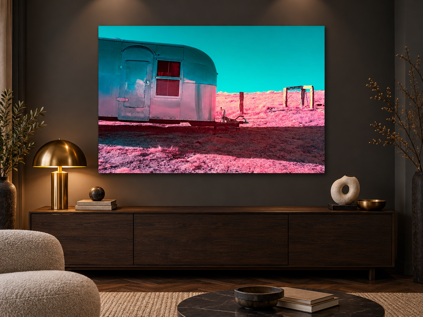 KI-generierte Raumvisualisierung – THE LONELY CARAVAN, DEUTSCHLAND im zeitgenössischen Sammlerinterieur. Orientierung zu Größe und Wirkung; keine fotografierte Installation.