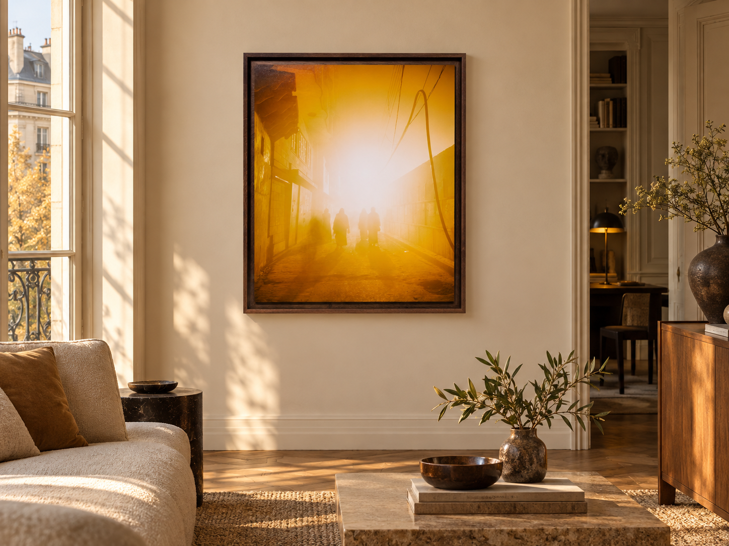 Visualisation d’intérieur générée par IA — MORNING WALK, INDIEN dans un intérieur chaleureux de collectionneur. Illustration du format et de la présence de l’œuvre ; il ne s’agit pas d’une installation photographiée.