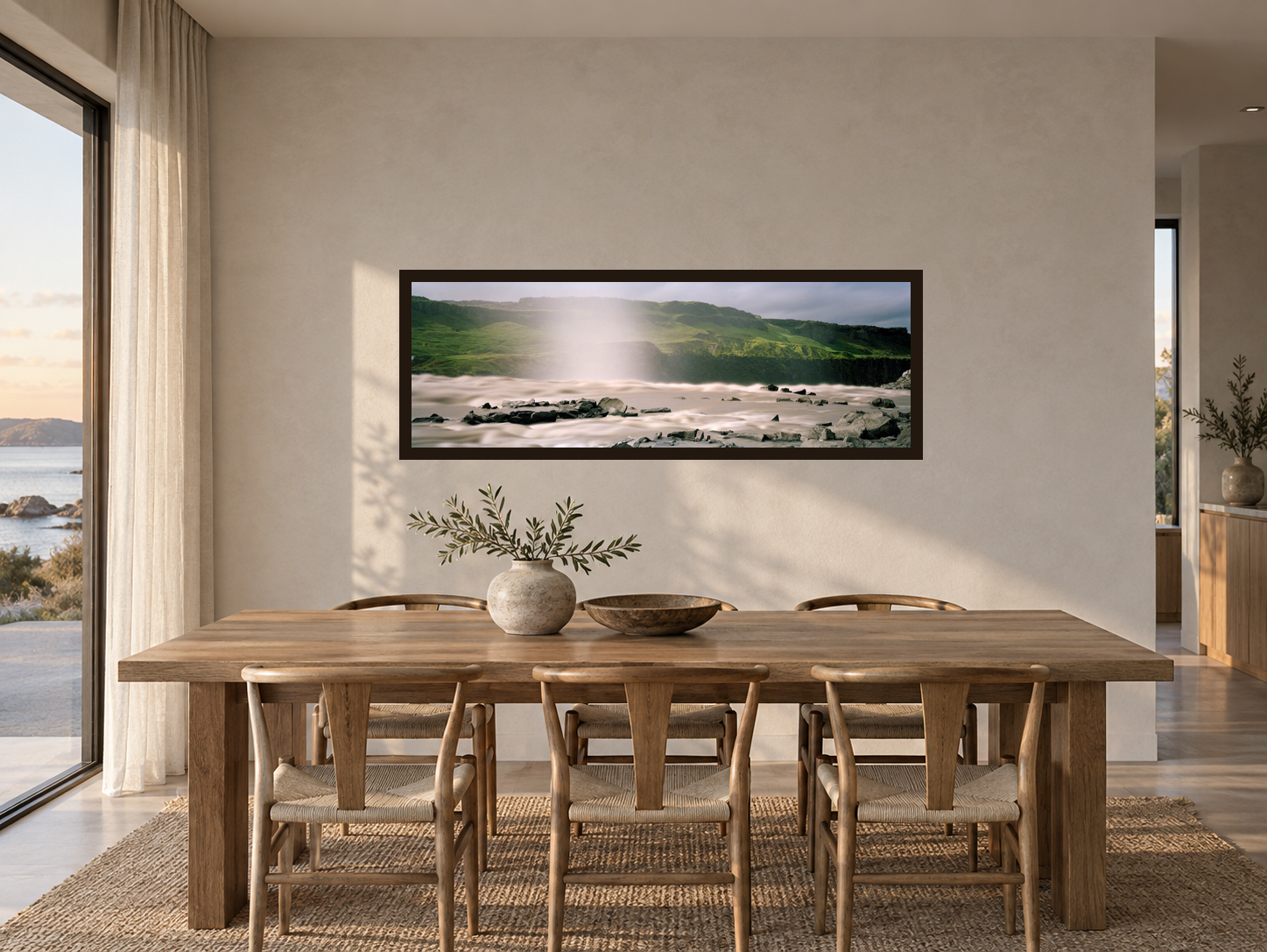 AI-generated room visualisation – SWIMMING AGAINST THE STREAM, Iceland, 59 × 177 cm in a Scandinavian dining space. An illustration of scale and spatial presence, not a photographed installation.