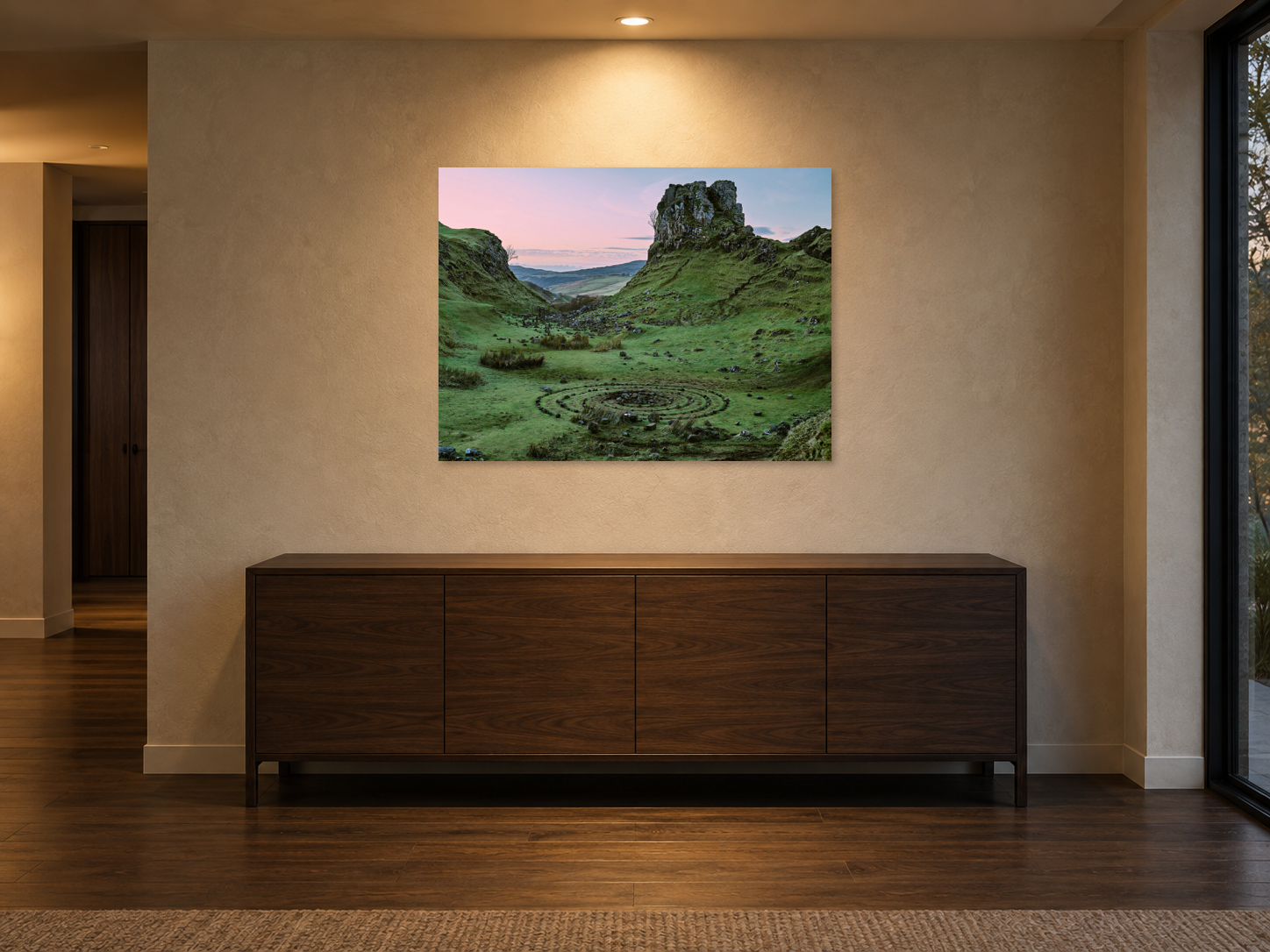 AI-generated room visualisation – ISLE OF SKYE 3, Scotland, Edition 81 × 108 cm. A room setting with a visible ceiling spotlight; the complete, unchanged original, unframed and wall-mounted. Light beams, surface illumination and wall shadows are aligned with the setting. An illustration of scale and spatial presence, not a photographed installation.