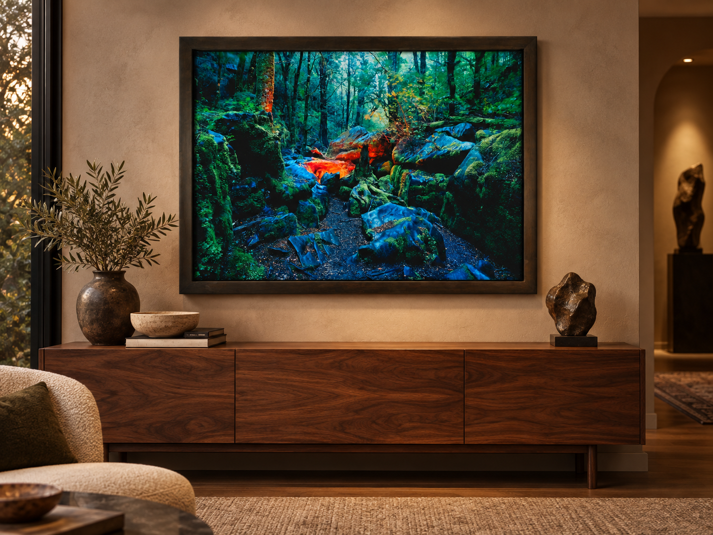 AI-generated room visualisation – Harwood Hole 1, New Zealand. An illustration of scale and spatial presence, not a photographed installation.