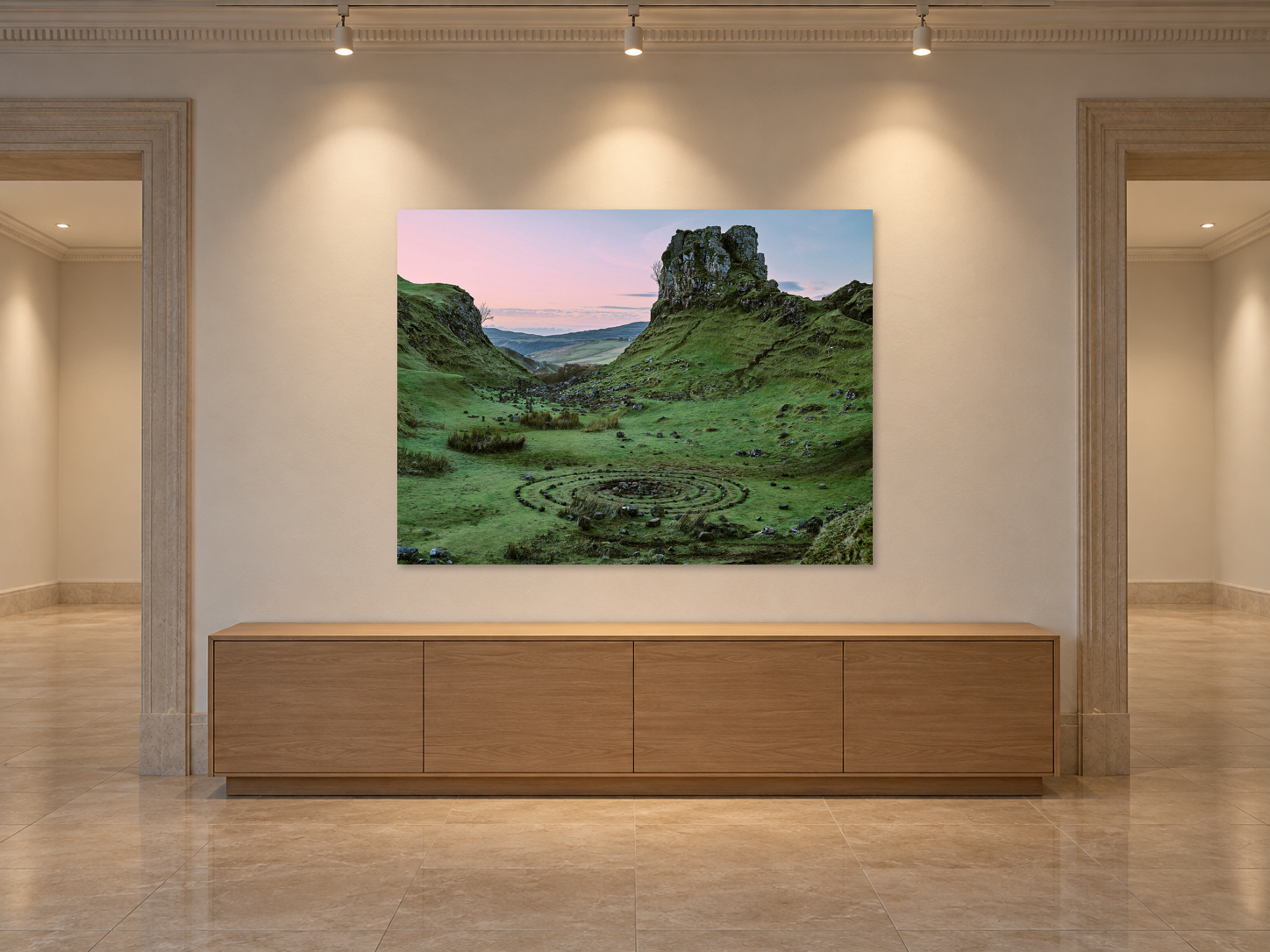AI-generated room visualisation – ISLE OF SKYE 3, Scotland, Edition 145 × 193 cm. A gallery setting with three ceiling spotlights; the complete, unchanged original, unframed and wall-mounted. Light beams, surface illumination and wall shadows are aligned with the setting. An illustration of scale and spatial presence, not a photographed installation.