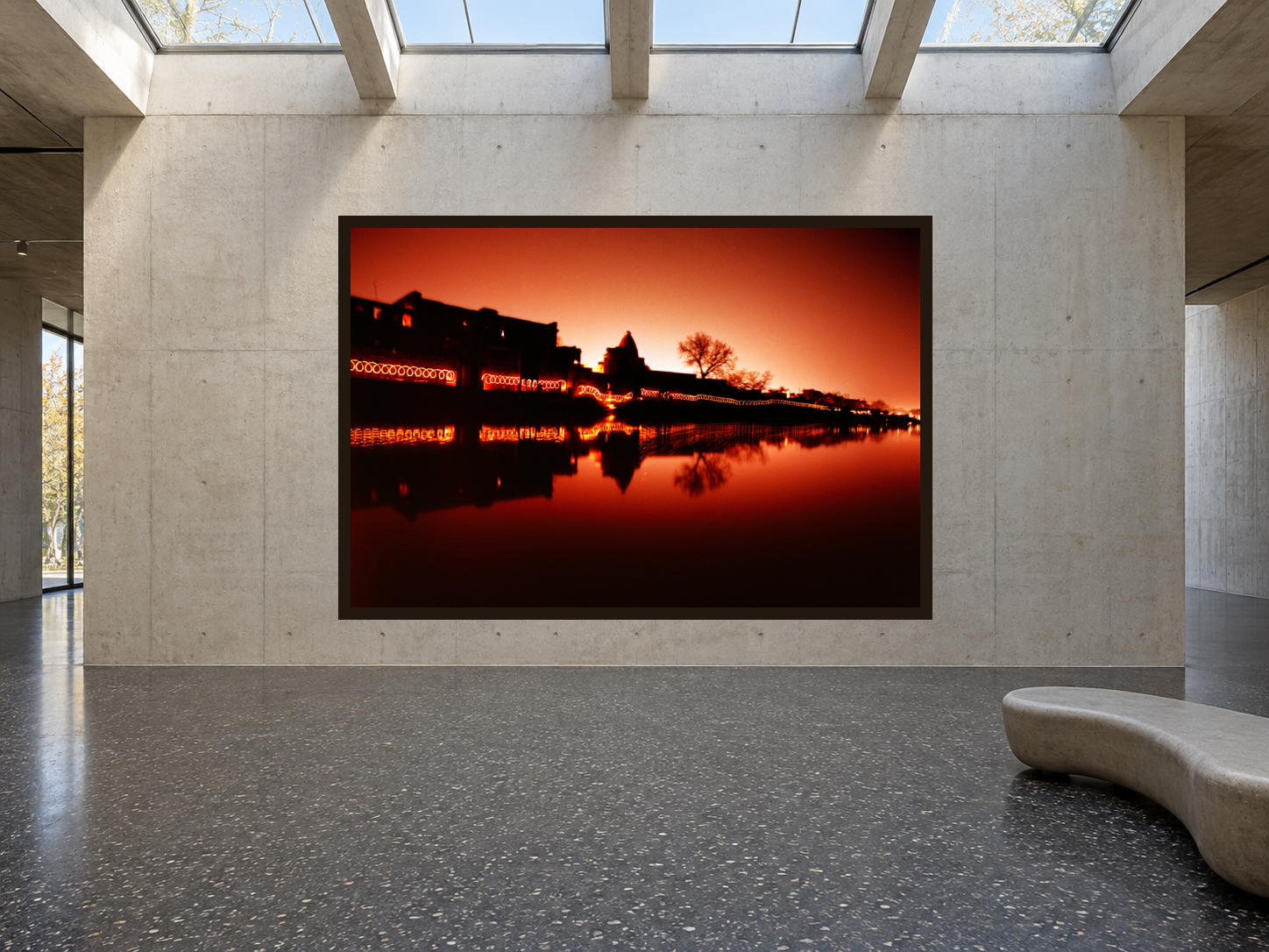 AI-generated room visualisation – HOLY CONTRAST, India, 80 × 120 cm in a Berlin art gallery. An illustration of scale and spatial presence, not a photographed installation.