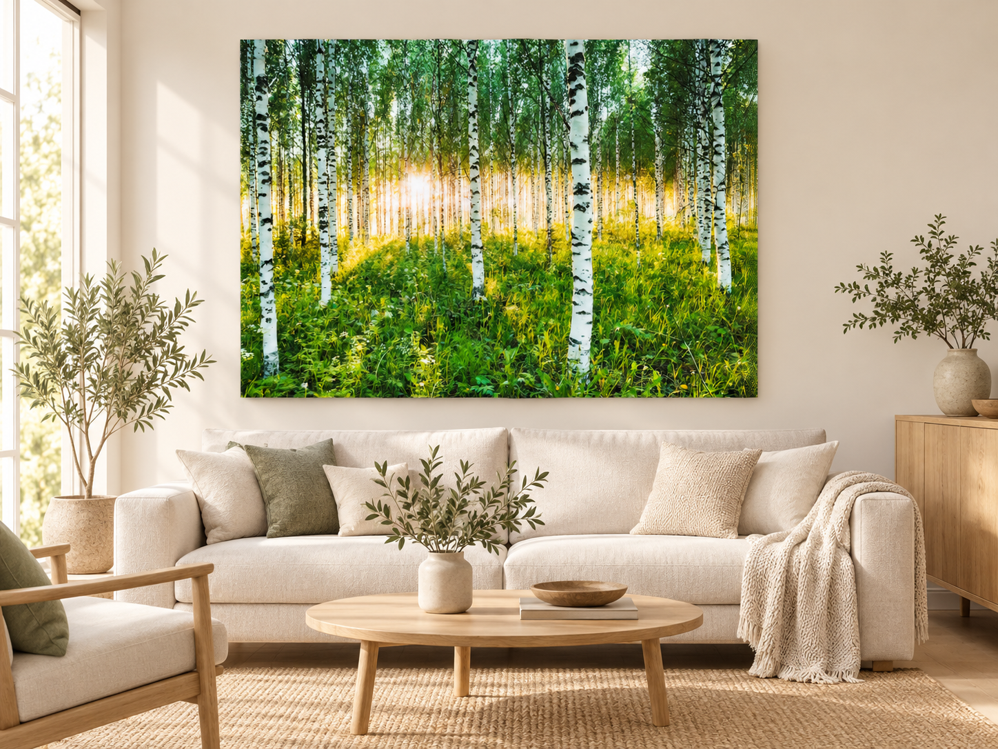 AI-generated room visualisation – Atmospheric Birch Forest, Finland. An illustration of scale and spatial presence, not a photographed installation.
