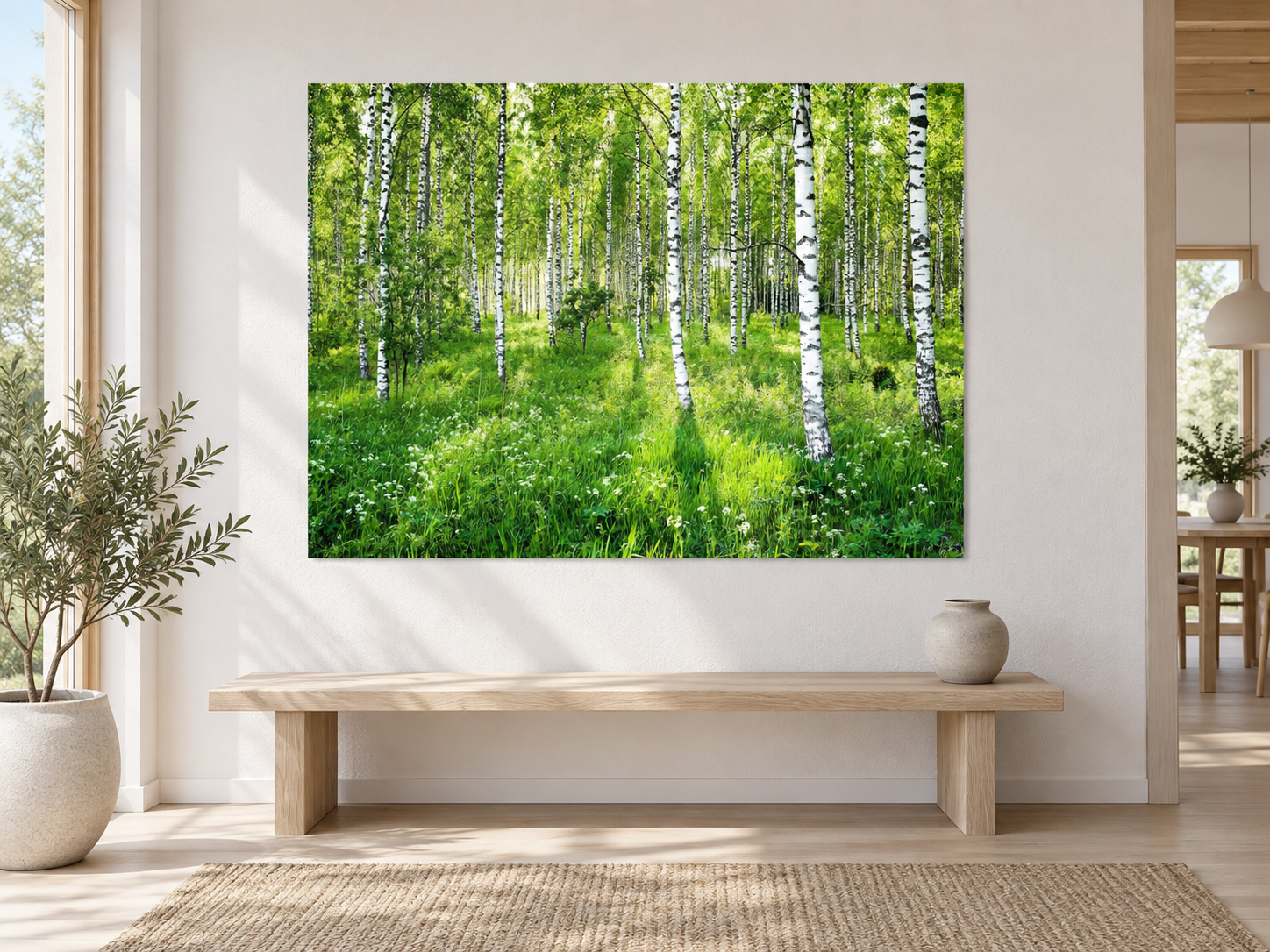 KI-generierte Raumvisualisierung – SOFT LIGHT BIRCH FOREST, FINNLAND im hellen nordischen Sammlerraum. Orientierung zu Größe und Wirkung; keine fotografierte Installation.