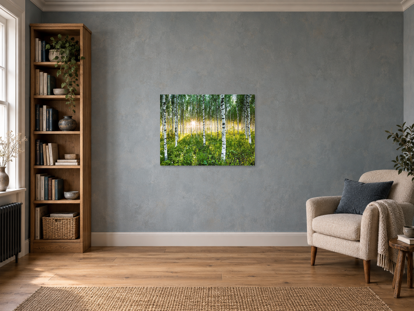 Raumvisualisierung – ATMOSPHERIC BIRCH FOREST, FINNLAND, 81 × 108 cm. Unverändertes Original, maßstäbliche kleine Wandarbeit in blau-grauer Leseecke.