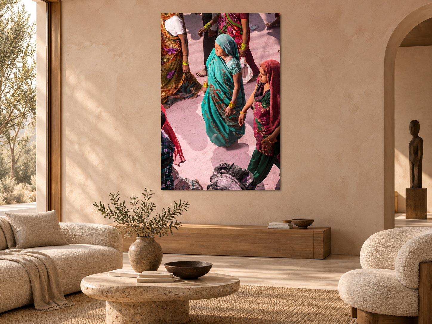 Visualisation d’intérieur générée par IA — Pilgrim on Purple Dust 1, Indien. Œuvre entière, sans cadre ni bordure blanche ; illustration du format et de la présence de l’œuvre, et non installation photographiée.