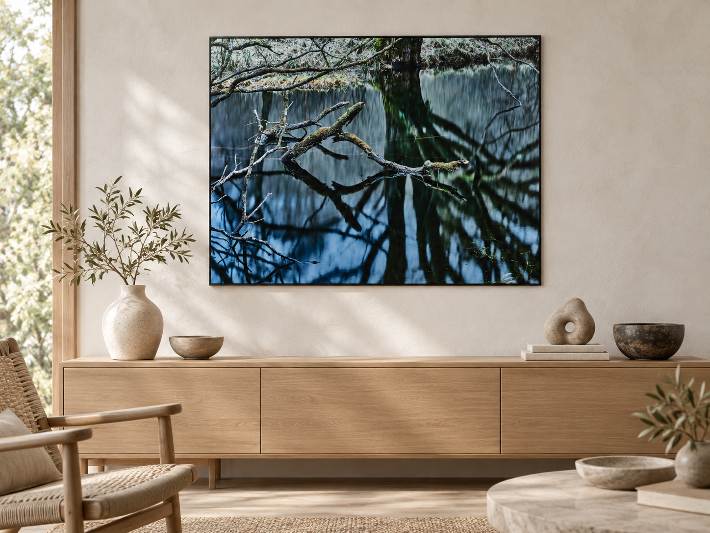 Visualisation d’intérieur générée par IA — Oasis of Silence 3, Schottland. Illustration du format et de la présence de l’œuvre ; il ne s’agit pas d’une installation photographiée.