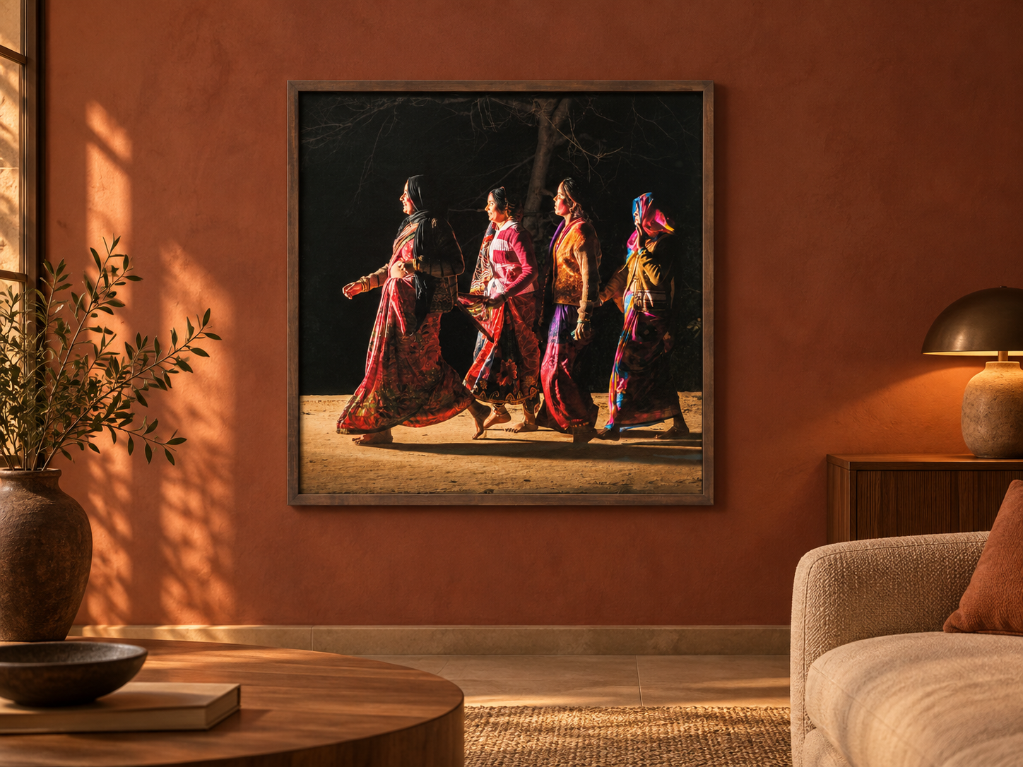 KI-generierte Raumvisualisierung – PILGRIMS AT GOVARDHAN 2, INDIEN mit realer brauner Holzrahmung. Orientierung zu Größe und Wirkung; keine fotografierte Installation.