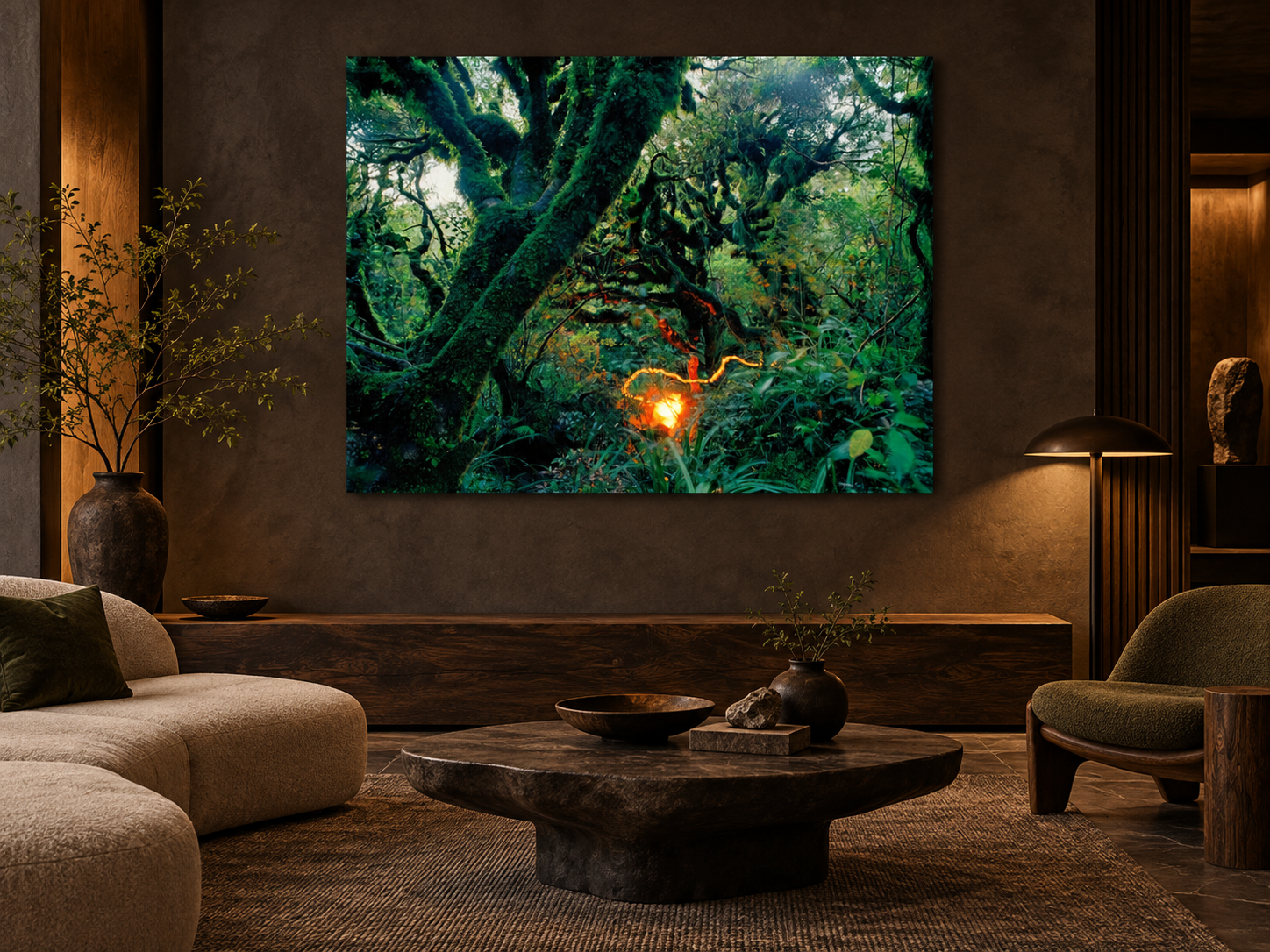 AI-generated room visualisation &mdash; Rainforest 3, New Zealand in a dark interior. An illustration of scale and spatial presence, not a photographed installation.