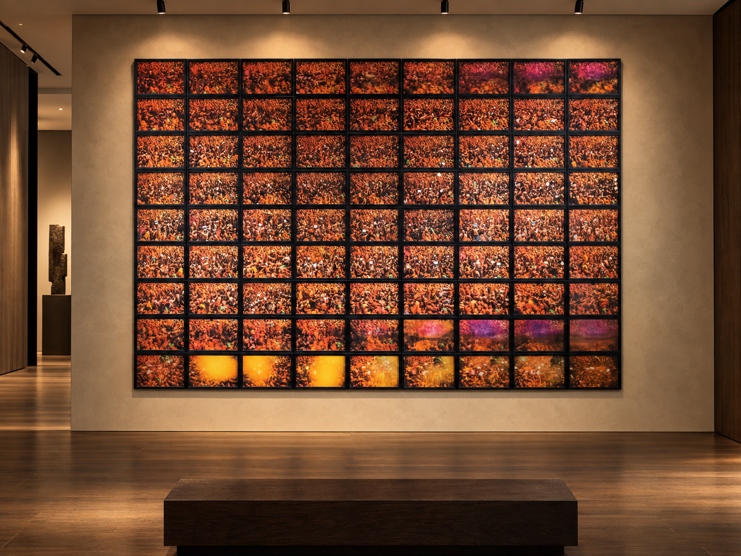 Visualisation d’intérieur générée par IA – Pigment and Water, Indien. Installation 9×9 complète comprenant 81 photographies réellement encadrées ; présentation indicative du format et de l’effet spatial ; il ne s’agit pas d’une installation photographiée.