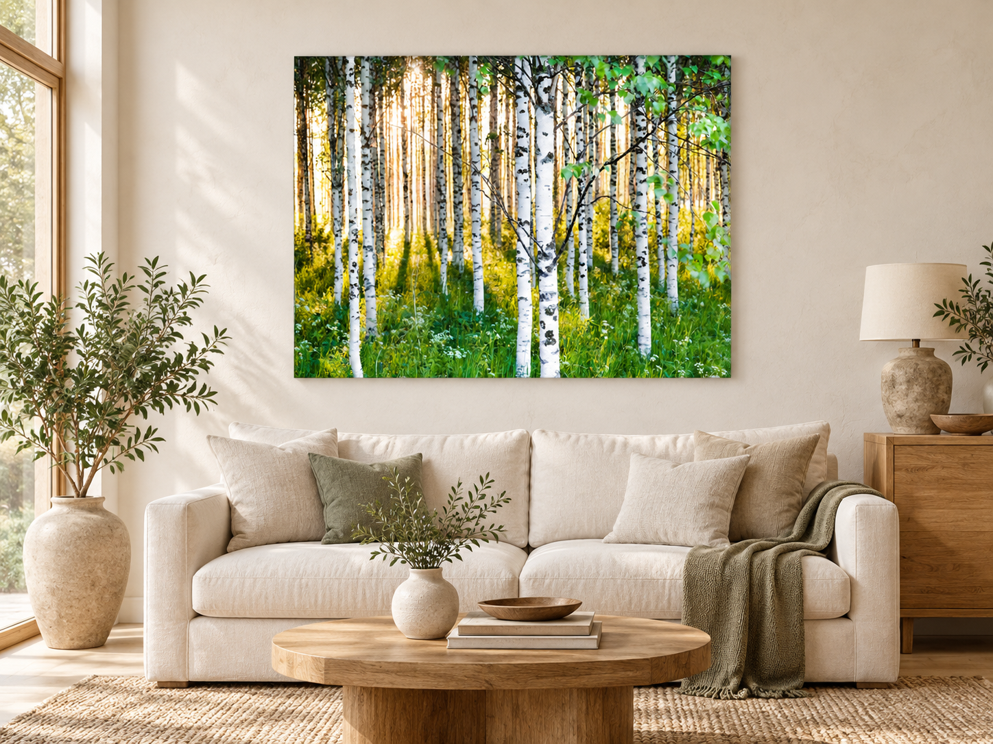 Visualisation d’intérieur générée par IA — Atmospheric Birch Forest 3, Finnland. Illustration du format et de la présence de l’œuvre ; il ne s’agit pas d’une installation photographiée.