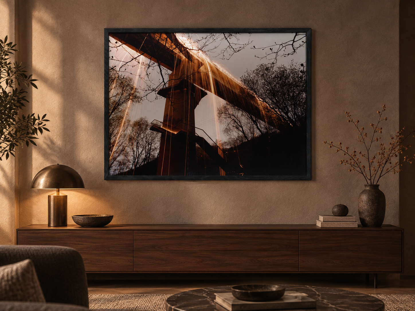 KI-generierte Raumvisualisierung – Golden Rain, Deutschland. Darstellung dient der Orientierung zu Größe und Wirkung; keine fotografierte Installation.