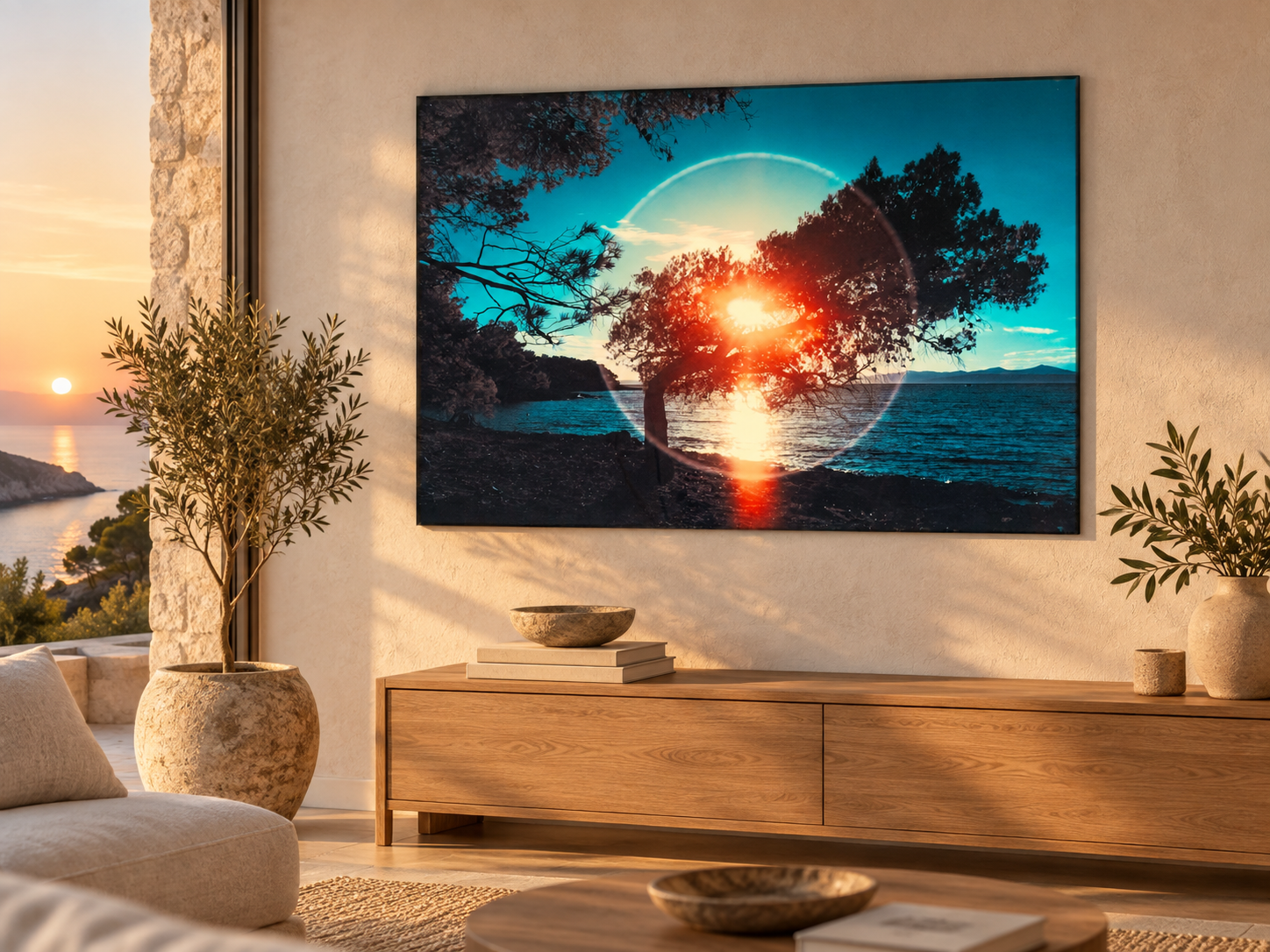 KI-generierte Raumvisualisierung – Windflüchter an der Adria, Kroatien. Darstellung dient der Orientierung zu Größe und Wirkung; keine fotografierte Installation.