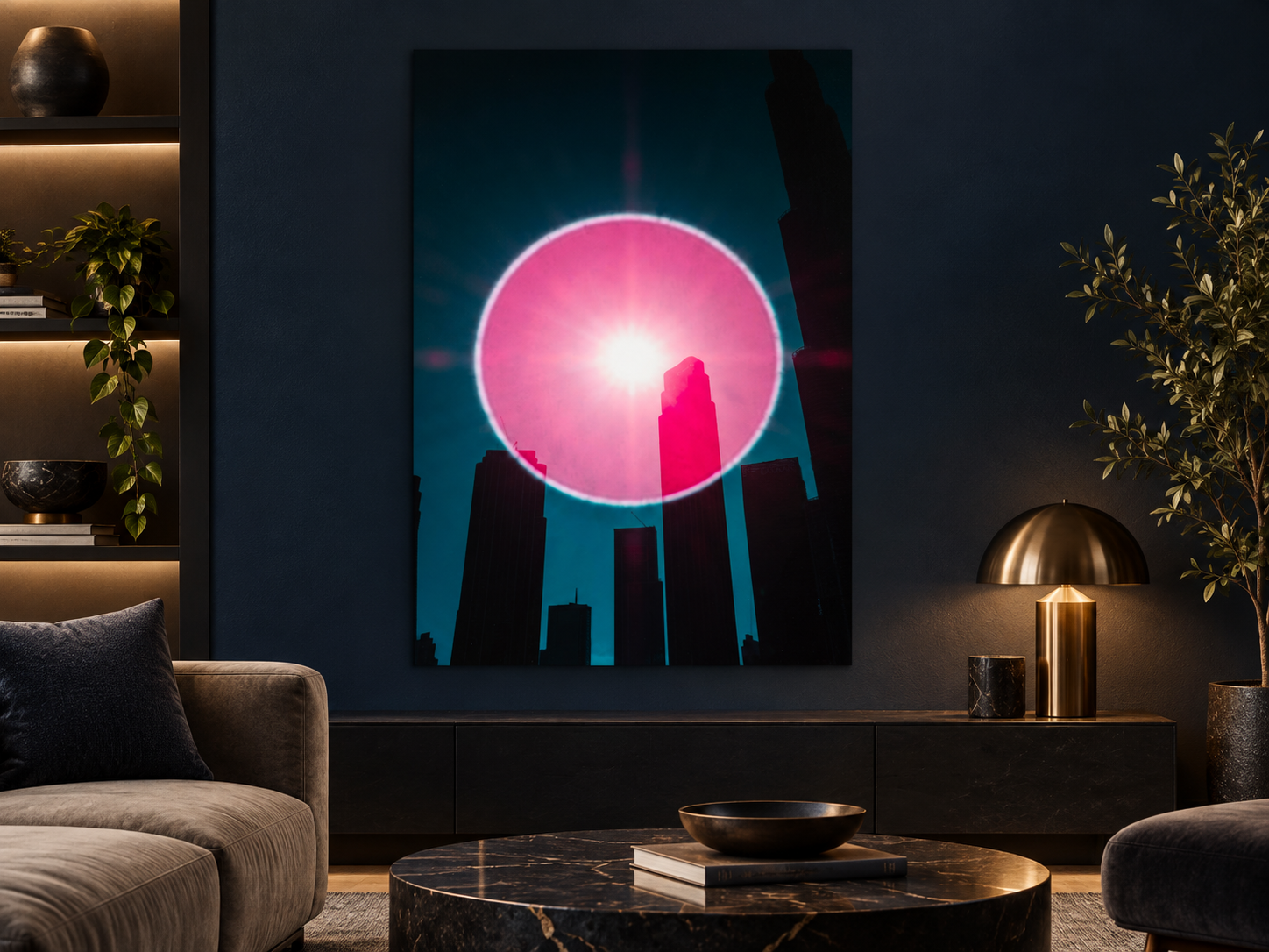KI-generierte Raumvisualisierung – Dubai in the Eye of the Cosmic Observer. Darstellung dient der Orientierung zu Größe und Wirkung; keine fotografierte Installation.