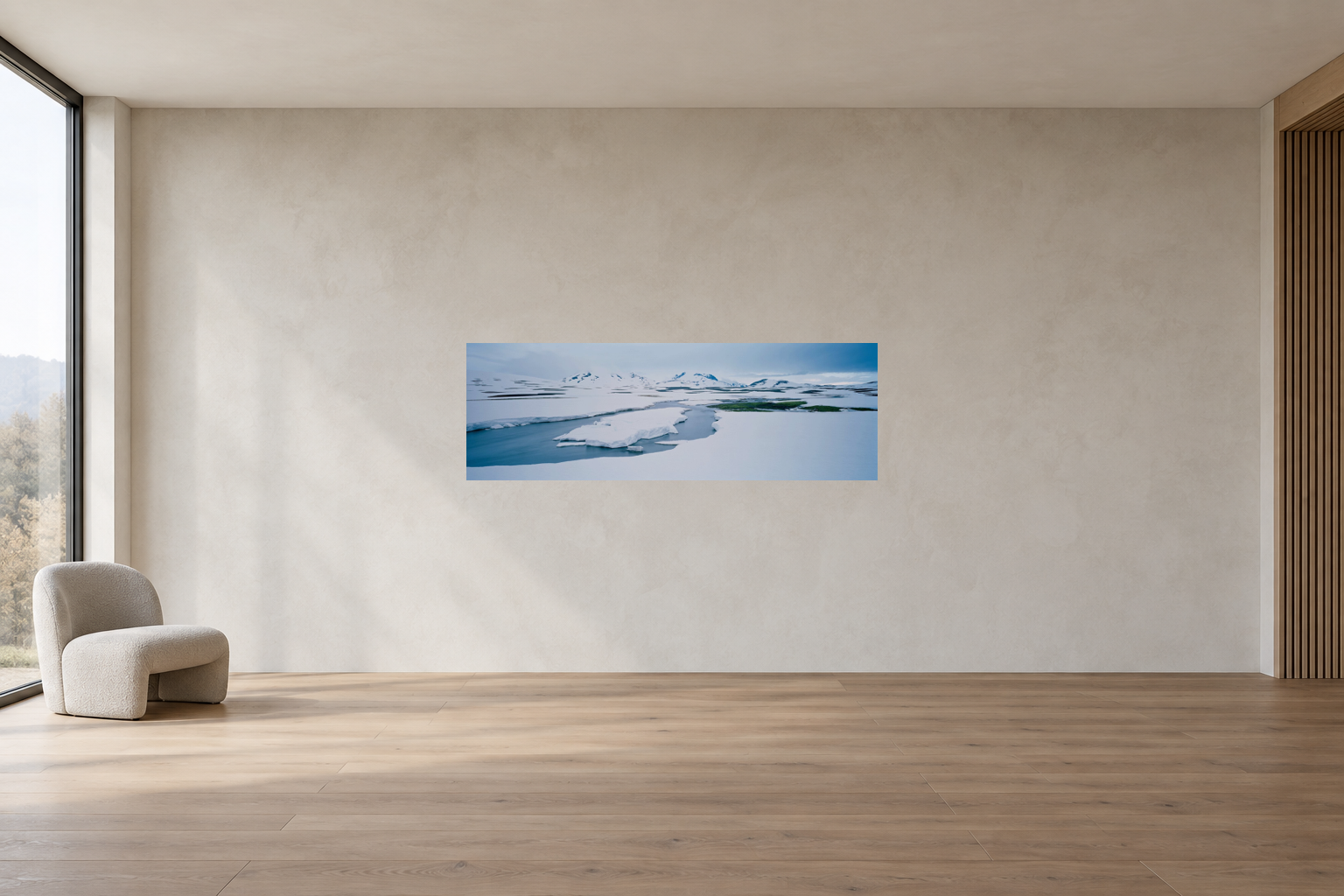 ISLAND SPRING, ISLAND — Raumansicht für Edition 42 × 128 cm; vollständiges unverändertes Original, freie Bildachse.