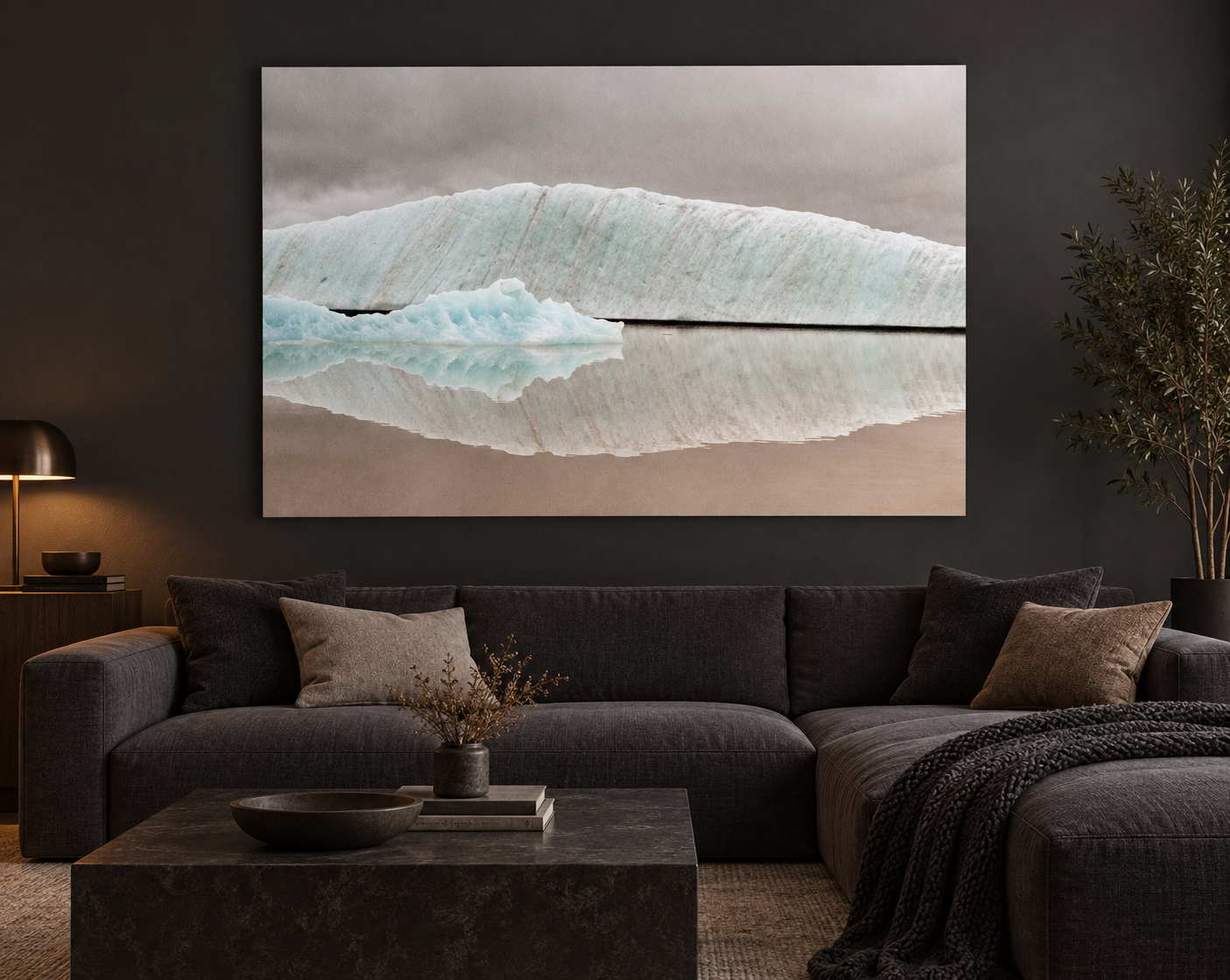 KI-generierte Raumvisualisierung – Earthporn 1, Island. Darstellung dient der Orientierung zu Größe und Wirkung; keine fotografierte Installation.