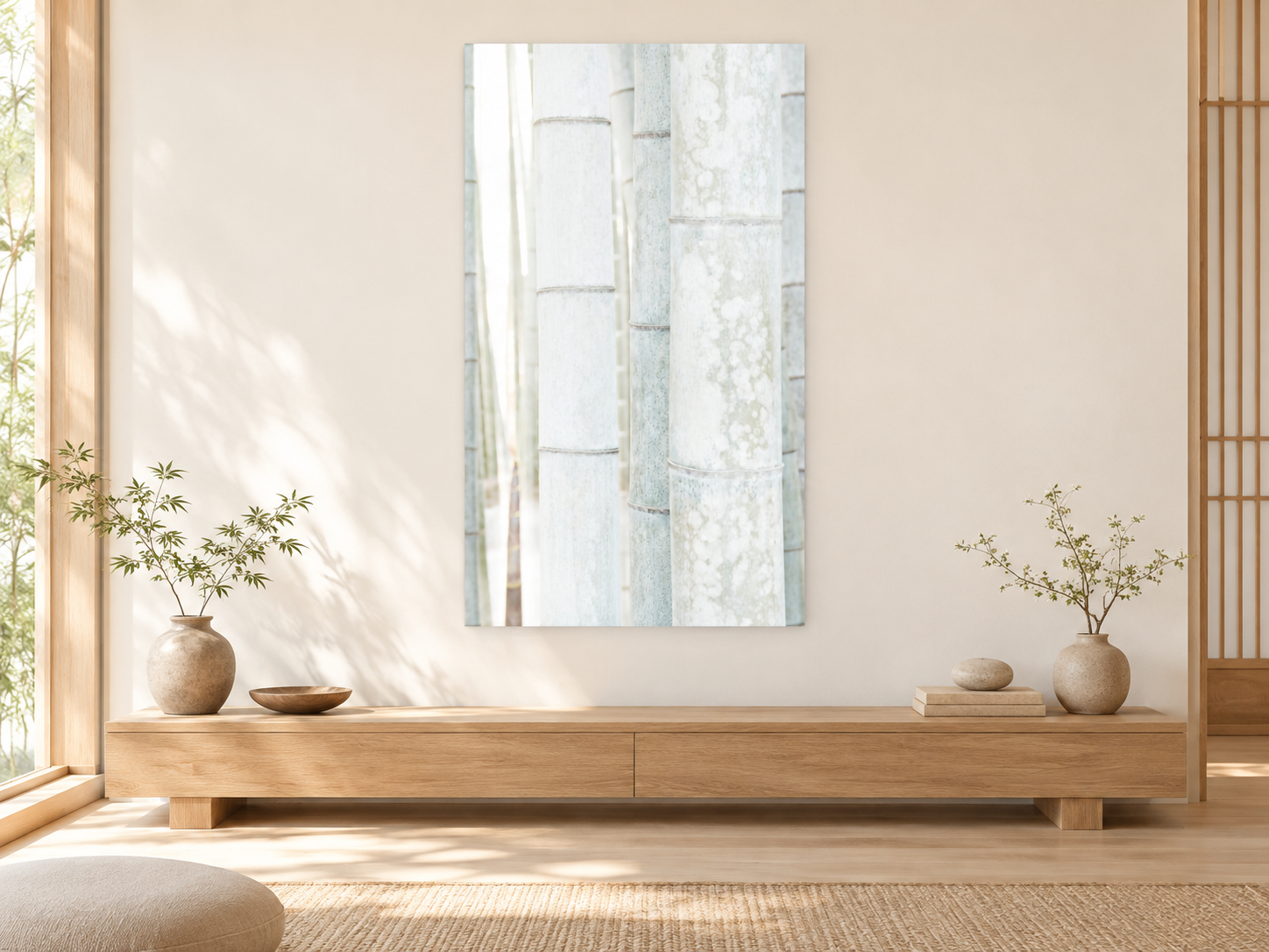 Visualisation d’intérieur générée par IA — White Bamboo 6, Japan. Indication du format et de la présence dans l’espace ; il ne s’agit pas d’une installation photographiée.