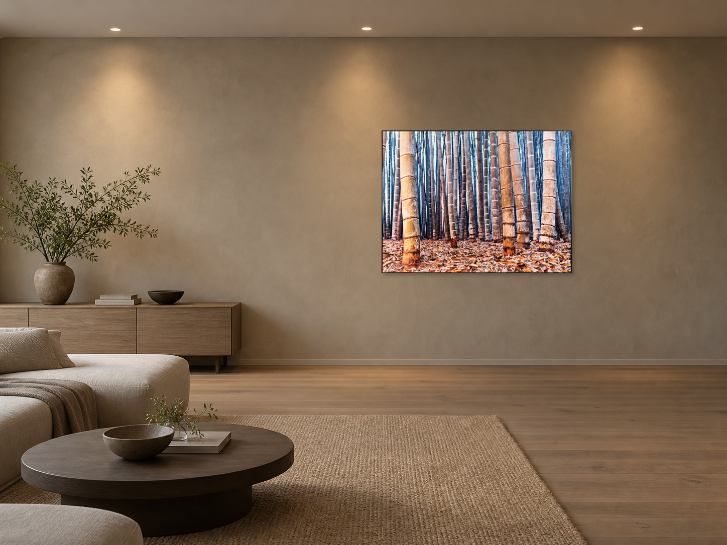 Interior visualization featuring “Bamboo Twiligt 1, Japan”. Size, framing and presentation are discussed personally. Not a photographed installation.