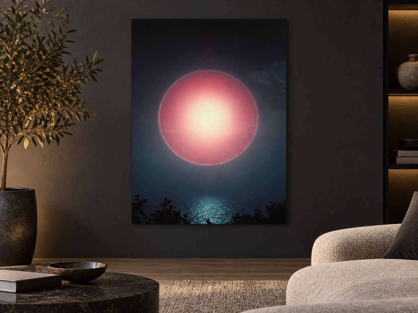 KI-generierte Raumvisualisierung – Sun Halo: Play of Light over Ocean Waves 2, Deutschland. Darstellung dient der Orientierung zu Größe und Wirkung; keine fotografierte Installation.