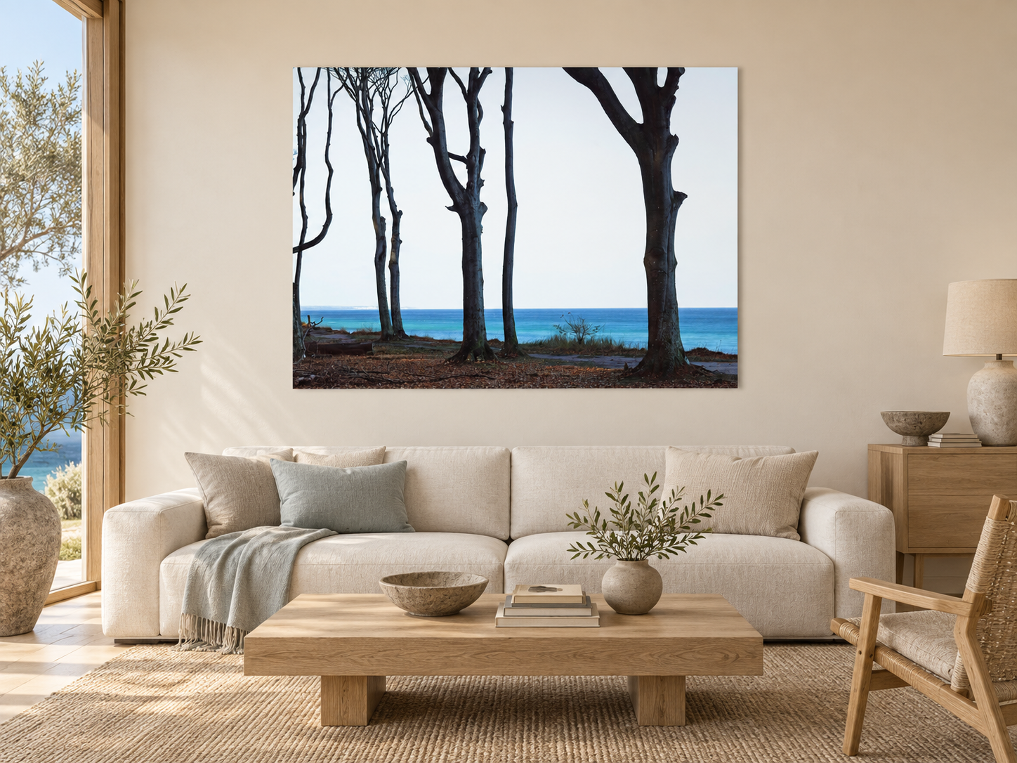 KI-generierte Raumvisualisierung – Harlekine im Wind, Deutschland. Vollständiges ungerahmtes Werk ohne weißen Rand; Orientierung zu Größe und Wirkung; keine fotografierte Installation.