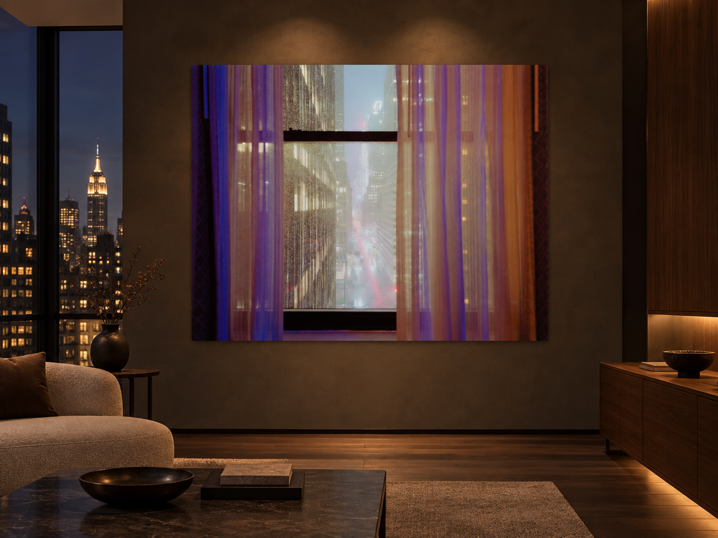 Visualisation d’intérieur générée par IA – View of Manhattan, USA. Présentation indicative du format et de l’effet spatial ; il ne s’agit pas d’une installation photographiée.