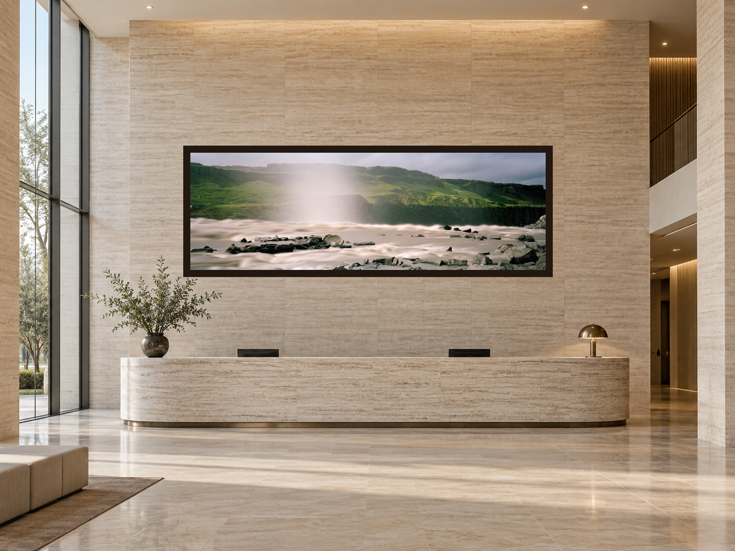 AI-generated room visualisation – SWIMMING AGAINST THE STREAM, Iceland, 87 × 262 cm in a spacious hotel lobby. An illustration of scale and spatial presence, not a photographed installation.