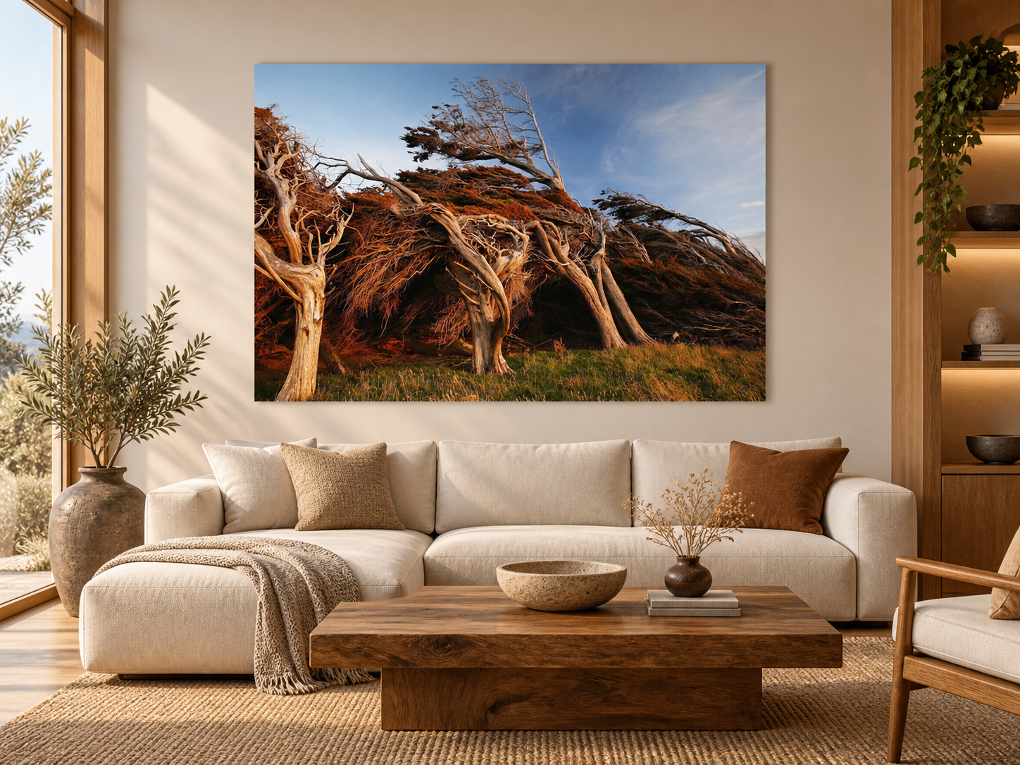 KI-generierte Raumvisualisierung – SLOPE POINT 1, NEUSEELAND in einem warmen Sammlerinterieur. Orientierung zu Größe und Wirkung; keine fotografierte Installation.