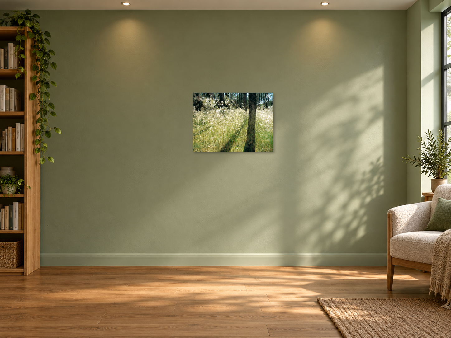 Visualisation d’intérieur — FOREST AND LIGHT, DEUTSCHLAND, 60 × 82 cm. Original inchangé, petite œuvre de paysage présentée à l’échelle sur un mur dégagé vert sauge.