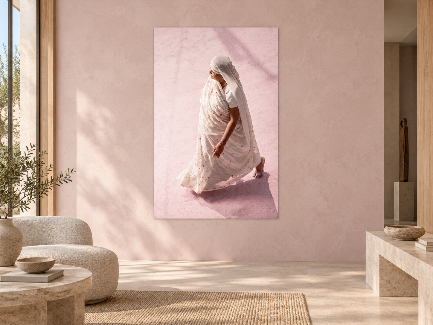 Visualisation d’intérieur générée par IA — Pilgrim on Purple Dust 3, Indien. Œuvre entière sans cadre ni marge blanche ; indication du format et de la présence dans l’espace ; il ne s’agit pas d’une installation photographiée.