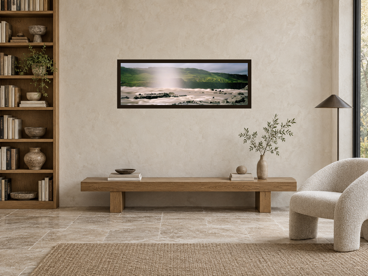AI-generated room visualisation – SWIMMING AGAINST THE STREAM, Iceland, 47 × 128 cm in a Nordic library. An illustration of scale and spatial presence, not a photographed installation.