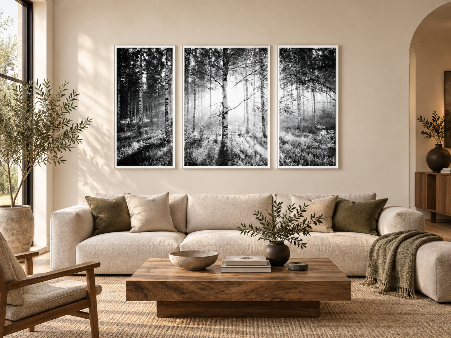 Visualisation d’intérieur générée par IA — Birkenwald - Triptychon, Finnland. Les trois panneaux physiques encadrés avec passe-partout sont représentés en entier. Illustration du format et de la présence de l’œuvre ; il ne s’agit pas d’une installation photographiée.
