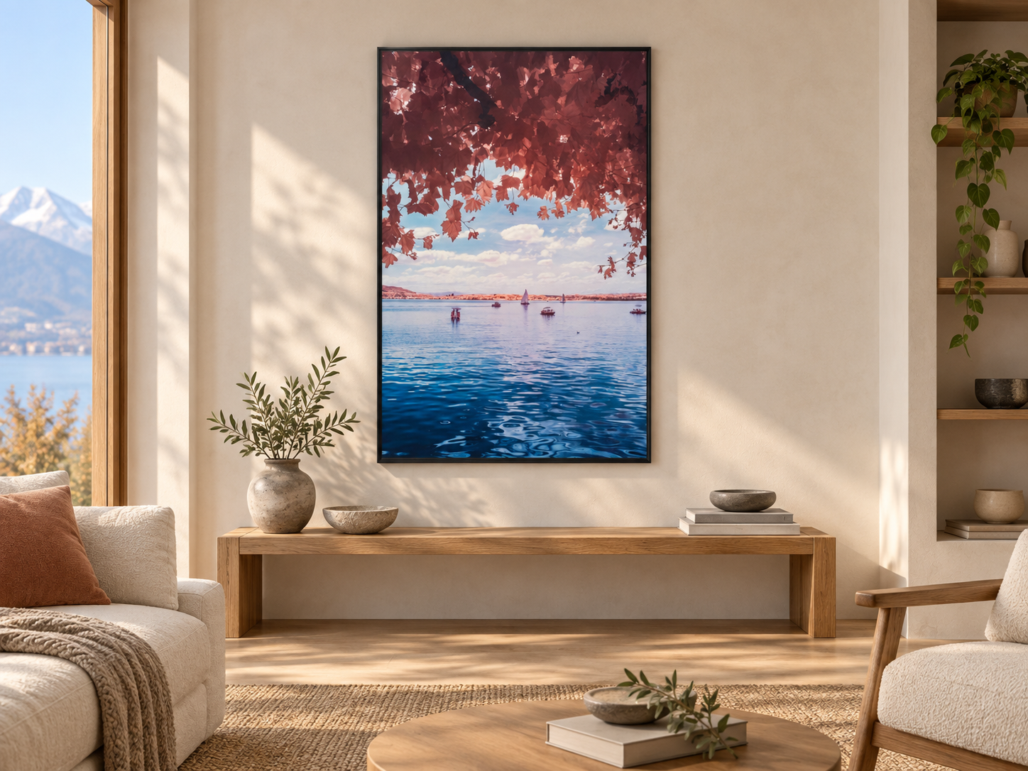 KI-generierte Raumvisualisierung – ZUGERSEE 3, SCHWEIZ mit vollständiger gerahmter bestehender Reproduktion. Orientierung zu Größe und Wirkung; keine fotografierte Installation.