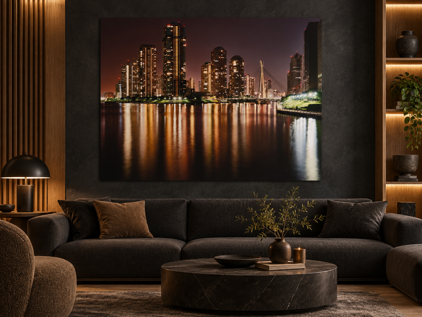 KI-generierte Raumvisualisierung – Skyline Tokyo, Japan. Darstellung dient der Orientierung zu Größe und Wirkung; keine fotografierte Installation.