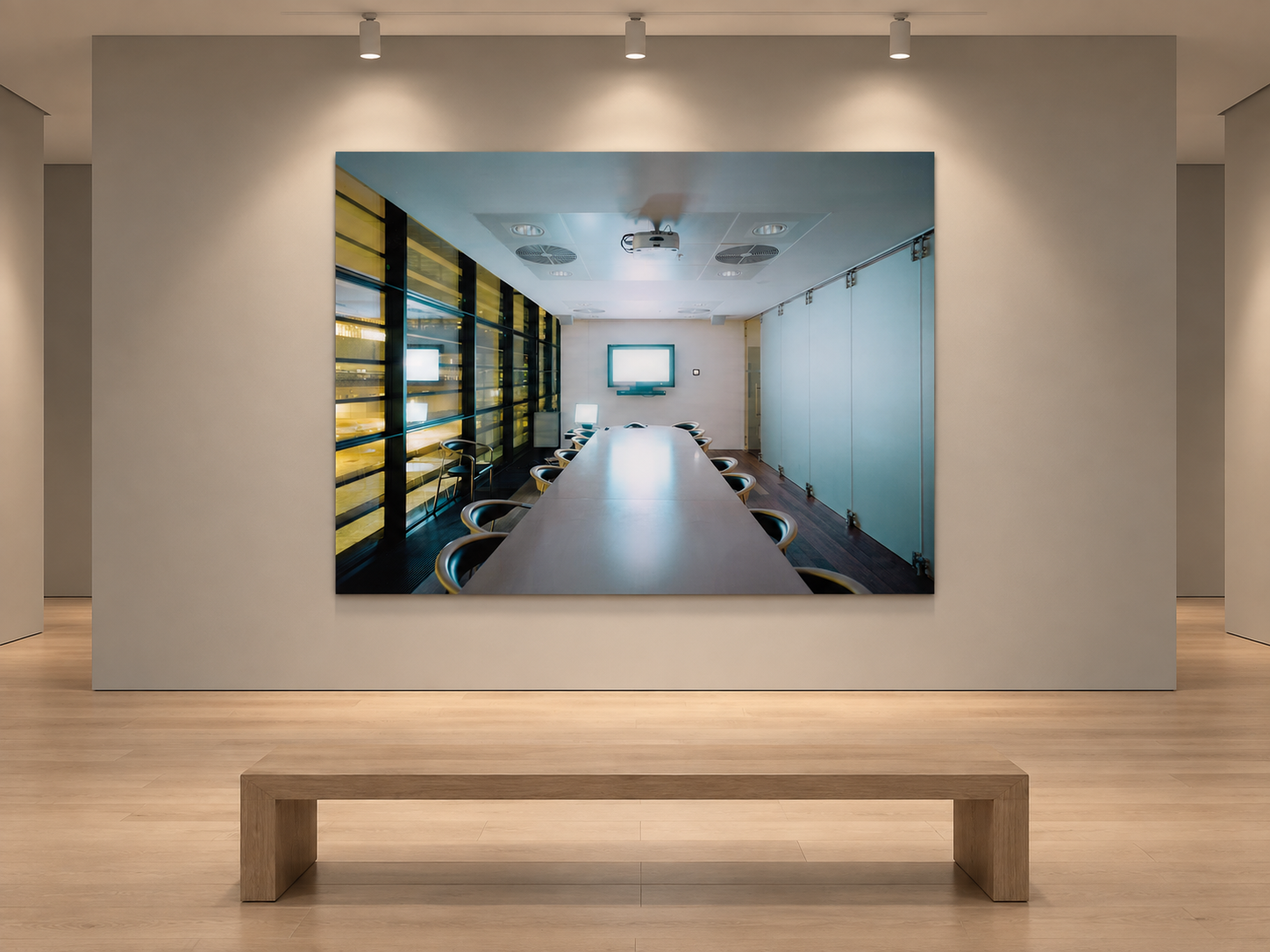 Visualisation d’intérieur générée par IA — Secret Agent, Dänemark. Illustration du format et de la présence de l’œuvre ; il ne s’agit pas d’une installation photographiée.